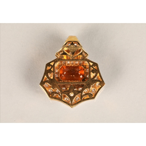 107 - Ladies 18ct yellow gold orange sapphire & diamond cluster pendant, central emerald cut orange sa... 