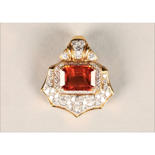 107 - Ladies 18ct yellow gold orange sapphire & diamond cluster pendant, central emerald cut orange sa... 