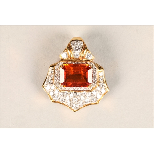 107 - Ladies 18ct yellow gold orange sapphire & diamond cluster pendant, central emerald cut orange sa... 