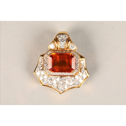 107 - Ladies 18ct yellow gold orange sapphire & diamond cluster pendant, central emerald cut orange sa... 