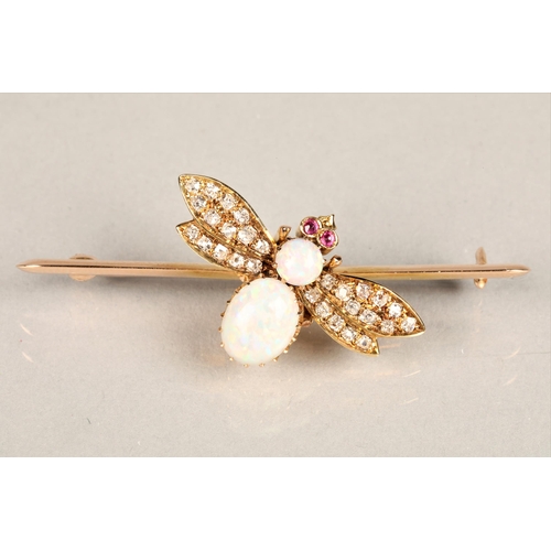 108 - Ladies opal and diamond fly bar brooch, the body made from two opals, the wings set with small diamo... 