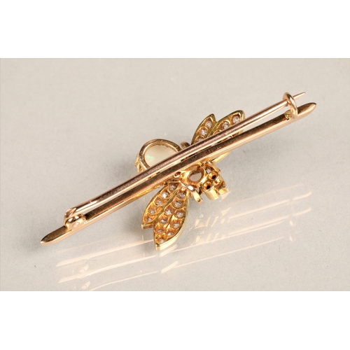 108 - Ladies opal and diamond fly bar brooch, the body made from two opals, the wings set with small diamo... 