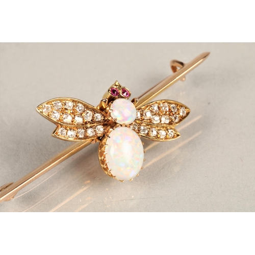 108 - Ladies opal and diamond fly bar brooch, the body made from two opals, the wings set with small diamo... 