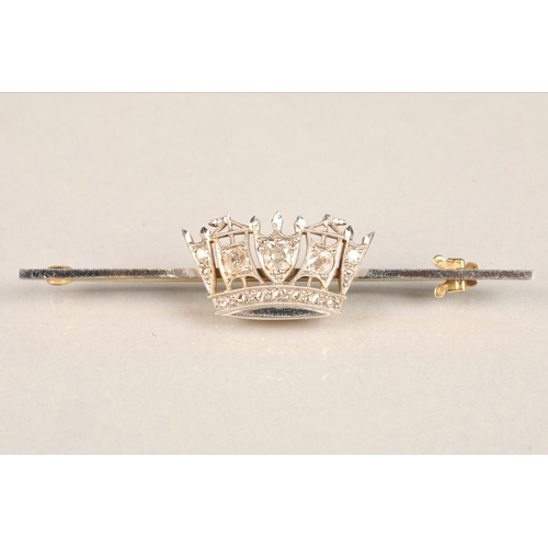 128 - Ladies 15ct gold and platinum diamond bar brooch in the form of a crown, set with three central old ... 