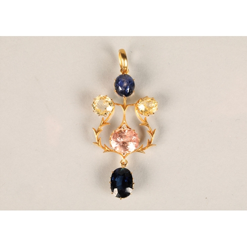 132 - Ladies sapphire and citrine gem set drop pendant set on unmarked yellow metal with fitted case