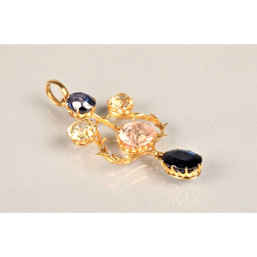 132 - Ladies sapphire and citrine gem set drop pendant set on unmarked yellow metal with fitted case