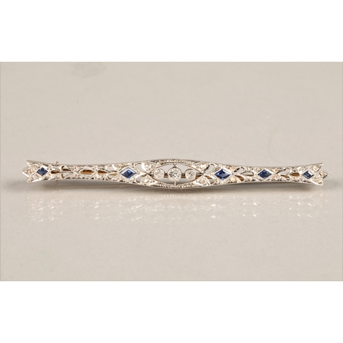 134 - Art Deco style diamond & sapphire bar brooch, white metal mount on unmarked yellow metal (one sa... 