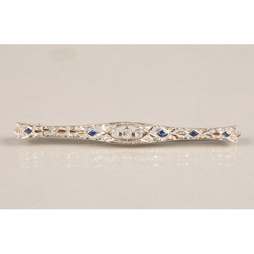 134 - Art Deco style diamond & sapphire bar brooch, white metal mount on unmarked yellow metal (one sa... 