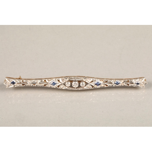 134 - Art Deco style diamond & sapphire bar brooch, white metal mount on unmarked yellow metal (one sa... 