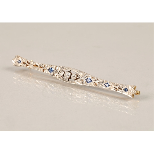 134 - Art Deco style diamond & sapphire bar brooch, white metal mount on unmarked yellow metal (one sa... 