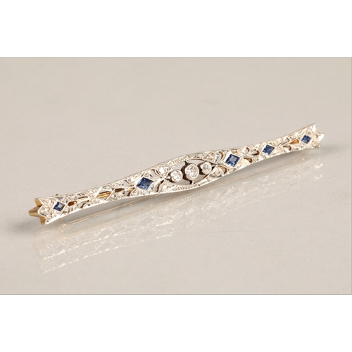 134 - Art Deco style diamond & sapphire bar brooch, white metal mount on unmarked yellow metal (one sa... 