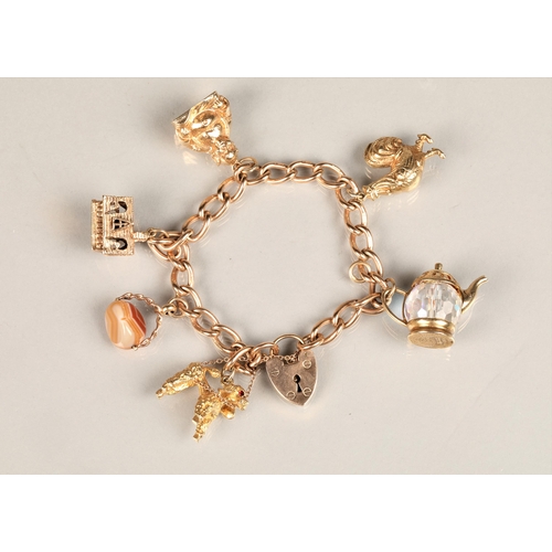 136 - Ladies 9ct gold charm bracelet, with six assorted 9ct charms to include poodle, chicken, buddha etc,... 