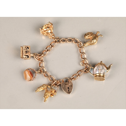 136 - Ladies 9ct gold charm bracelet, with six assorted 9ct charms to include poodle, chicken, buddha etc,... 