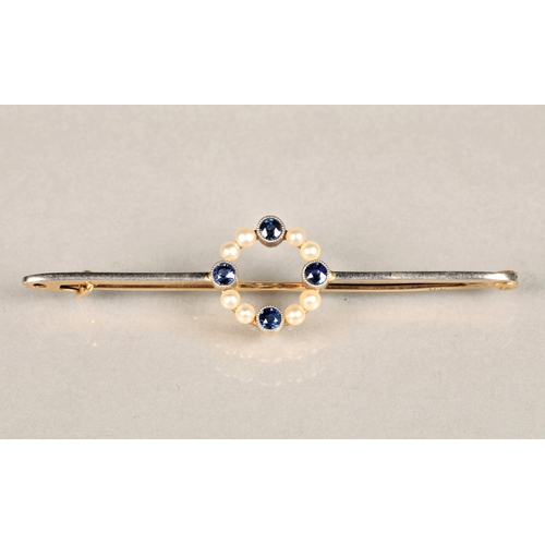 138 - Ladies 9ct yellow and white gold sapphire & seed pearl bar brooch, each of the four sapphires in... 