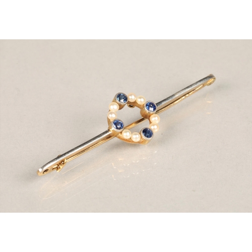 138 - Ladies 9ct yellow and white gold sapphire & seed pearl bar brooch, each of the four sapphires in... 