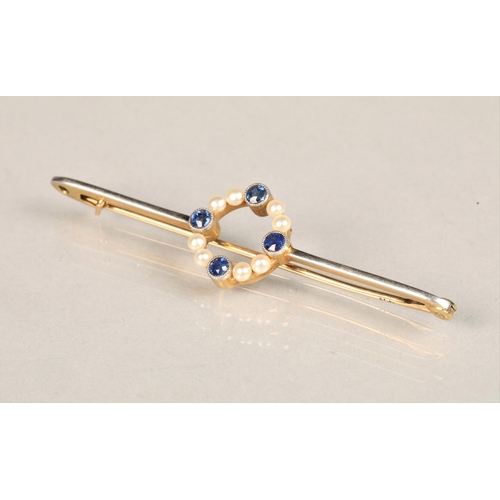 138 - Ladies 9ct yellow and white gold sapphire & seed pearl bar brooch, each of the four sapphires in... 