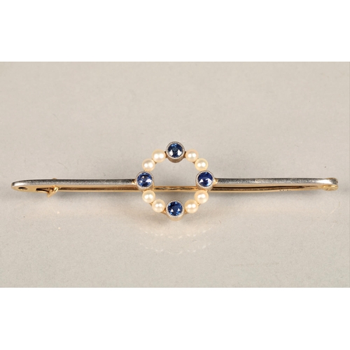 138 - Ladies 9ct yellow and white gold sapphire & seed pearl bar brooch, each of the four sapphires in... 