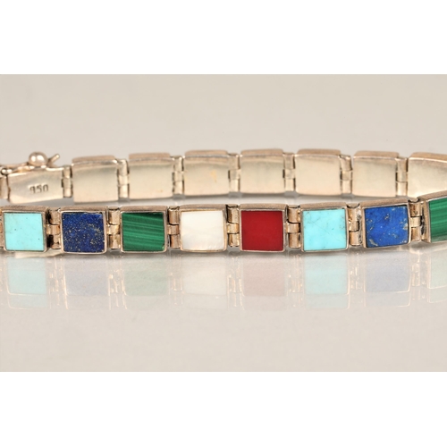 139 - Ladies silver bracelet, set with semi-precious stones, to include malachite, lapis lazuli, length 18... 