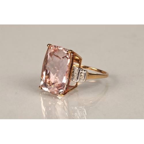 144 - Ladies 9ct gold morganite ring set with diamond chip shoulders, ring size N