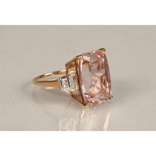 144 - Ladies 9ct gold morganite ring set with diamond chip shoulders, ring size N