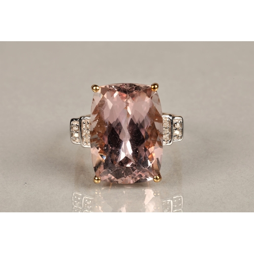 144 - Ladies 9ct gold morganite ring set with diamond chip shoulders, ring size N