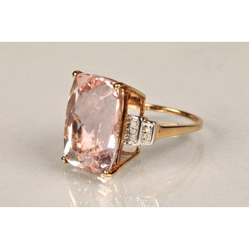 144 - Ladies 9ct gold morganite ring set with diamond chip shoulders, ring size N