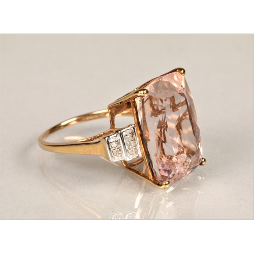 144 - Ladies 9ct gold morganite ring set with diamond chip shoulders, ring size N