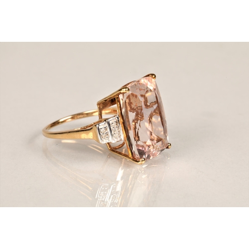 144 - Ladies 9ct gold morganite ring set with diamond chip shoulders, ring size N