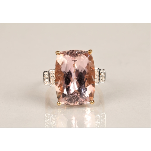 144 - Ladies 9ct gold morganite ring set with diamond chip shoulders, ring size N