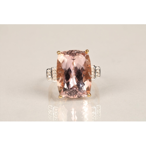 144 - Ladies 9ct gold morganite ring set with diamond chip shoulders, ring size N