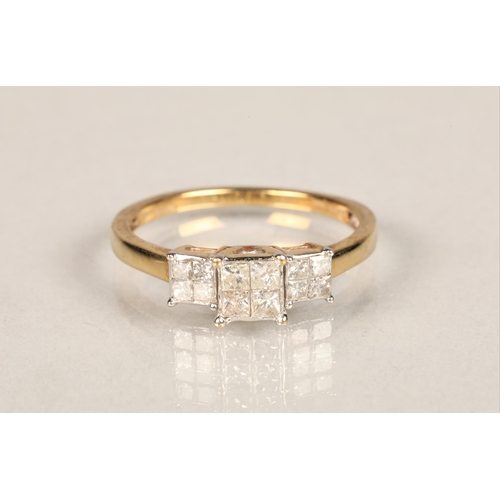 146 - Ladies 9ct gold diamond ring set with three sets of four diamonds in square mounts set on an 9ct yel... 