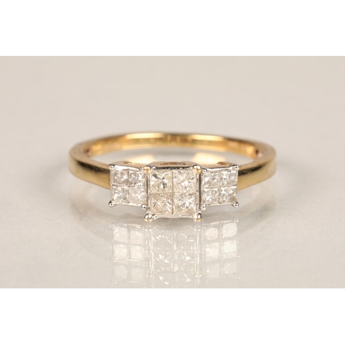 146 - Ladies 9ct gold diamond ring set with three sets of four diamonds in square mounts set on an 9ct yel... 