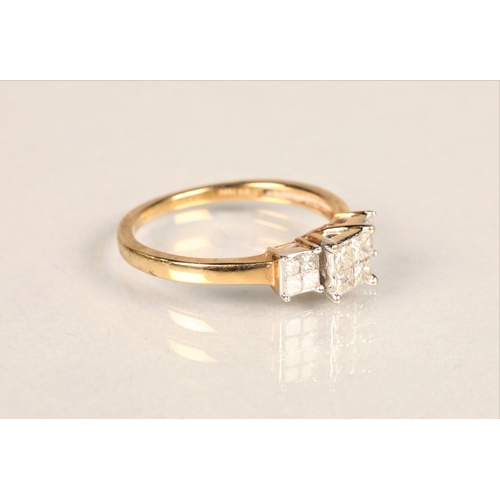 146 - Ladies 9ct gold diamond ring set with three sets of four diamonds in square mounts set on an 9ct yel... 