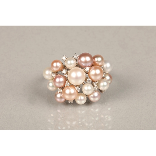 149 - Ladies 18ct white gold multi coloured pearl and diamond cluster ring, ring size O