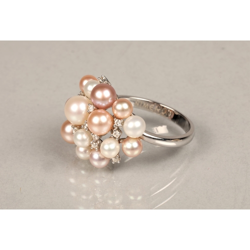 149 - Ladies 18ct white gold multi coloured pearl and diamond cluster ring, ring size O