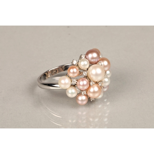 149 - Ladies 18ct white gold multi coloured pearl and diamond cluster ring, ring size O