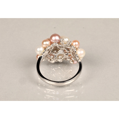 149 - Ladies 18ct white gold multi coloured pearl and diamond cluster ring, ring size O