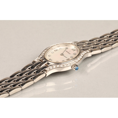 160 - Ladies 14K white gold Movado wrist watch, mother of pearl dial with sapphire crystal hour markers an... 