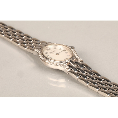 160 - Ladies 14K white gold Movado wrist watch, mother of pearl dial with sapphire crystal hour markers an... 