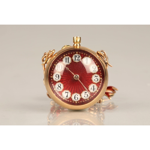 162 - Ladies 18ct rose gold fob watch, red enamel dial with numbered hour markers with red enamel back wit... 