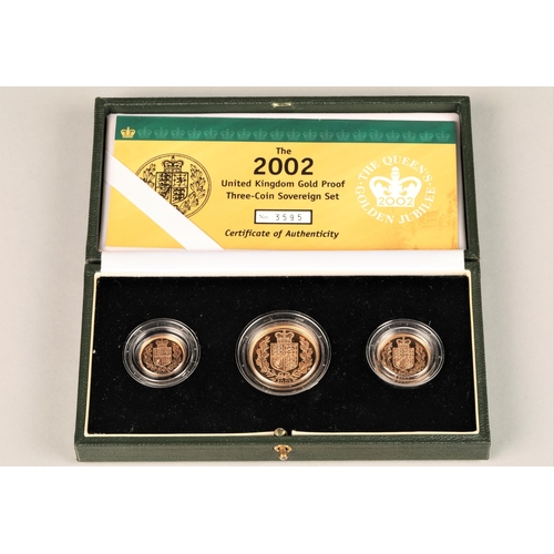 175 - The 2002 United Kingdom gold proof three coin sovereign set, consisting of two pound coin, sovereign... 