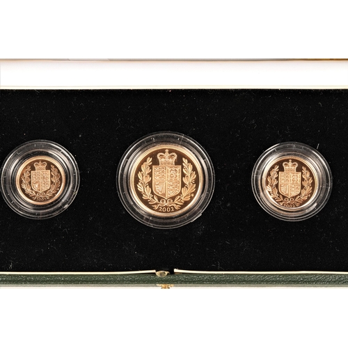 175 - The 2002 United Kingdom gold proof three coin sovereign set, consisting of two pound coin, sovereign... 