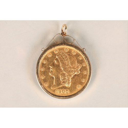 179 - Gold twenty dollar coin 1900, in a 9ct gold pendant mount, total weight 37g