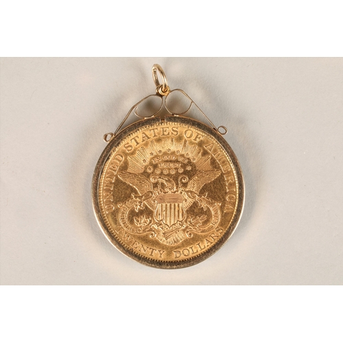 179 - Gold twenty dollar coin 1900, in a 9ct gold pendant mount, total weight 37g