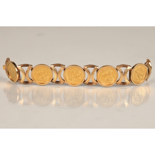 180 - 9ct gold sovereign bracelet comprising of five gold sovereigns, Victorian gold sovereign 1872 (young... 