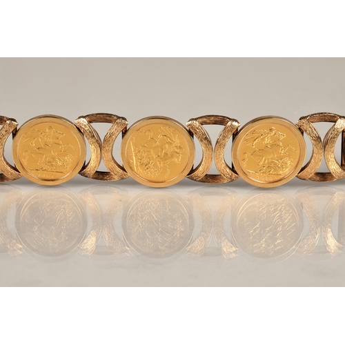 180 - 9ct gold sovereign bracelet comprising of five gold sovereigns, Victorian gold sovereign 1872 (young... 