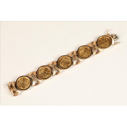 180 - 9ct gold sovereign bracelet comprising of five gold sovereigns, Victorian gold sovereign 1872 (young... 