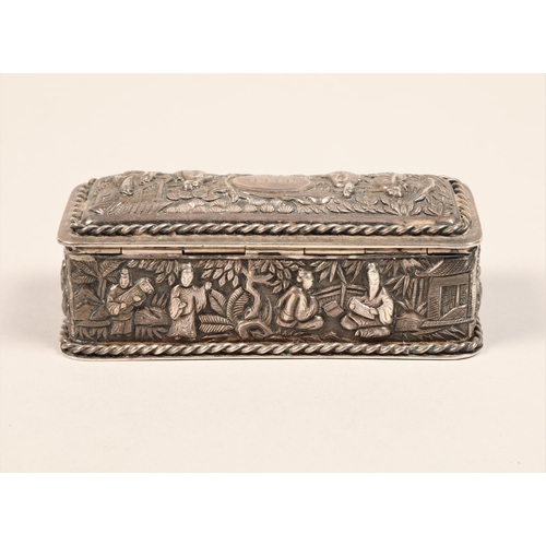 185 - Chinese silver embossed trinket box, decorated with embossed Chinese figures with gilt interior, mak... 