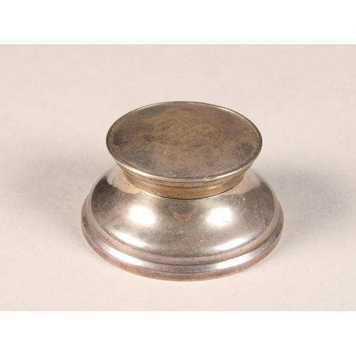 187 - Silver inkwell, circular from with hinged cover, dated 20th August 1924, assay marked London 1913, d... 