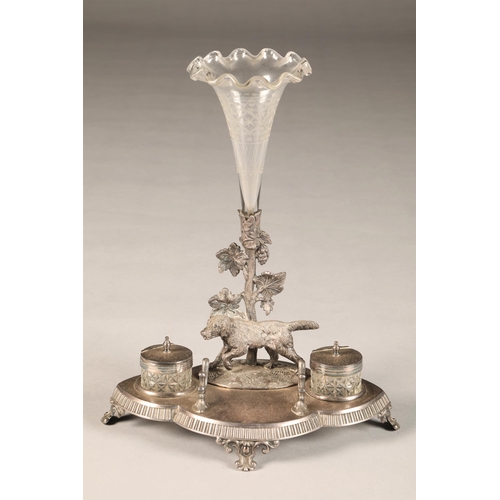 192 - Sheffield plate desk stand, incorporating a single glass epergne and two cut glass inkwells with a s... 